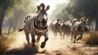 AI generated illustration of a herd of zebras galloping across a sun-drenched dirt field