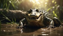 AI Generated Illustration Of An Alligator On The Edge Of A Riverbank, Jaws Agape