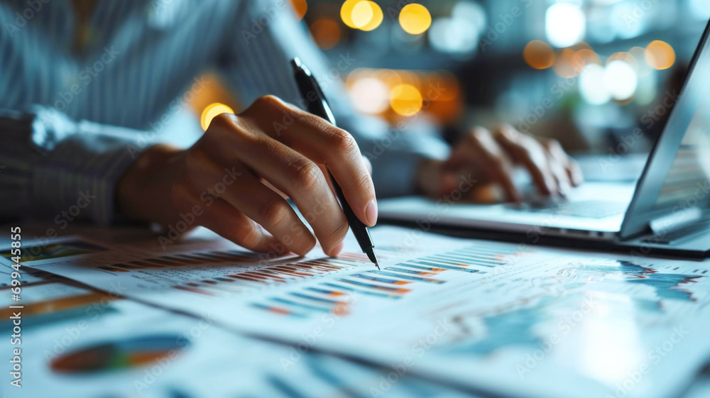 Close-up on the desk of an analyst at work, charts of changes in market ...