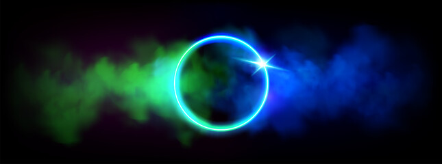Wall Mural - neon luminous ring frame with blue and green gradient cloud or smoke and sparkle. realistic vector l