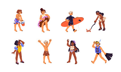 Poster - Children in swimsuits set. Happy kid diving, surfing. Girl with swimming inflatable circle. Child plays with crab on beach. Boy rejoices to summer vacation. Flat isolated vector illustration on white