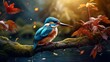 A detailed illustration of a kingfisher perched on a branch overhanging a crystal-clear stream, capturing the beauty of nature