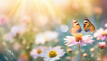 Vivid Summer Scene: Colorful Flowers And Butterflies Bask In Sun Rays Amidst Stunning Natural Beauty