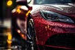 Close-up of a red sports car detailed to perfection, glistening with raindrops
