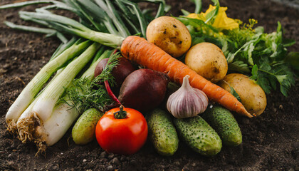 Wall Mural - farm-fresh vegetables on rich soil backdrop, evoking organic, natural bounty