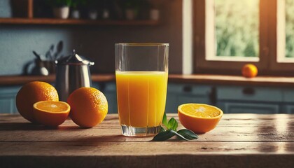  Glass of orange juice on wooden table, kitchen backgound - isolated on white background