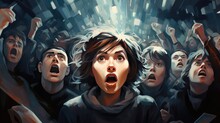 Dramatic Artistic Rendering Of Shock And Outcry Amongst A Crowd. Intense Emotional Group Reaction Illustration Perfect For Editorial And Commercial Use