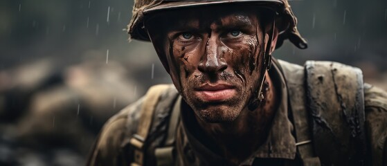 Wall Mural - Determined soldier in camouflage gear enduring rain. Military endurance and focus.