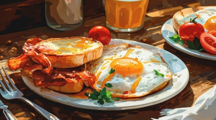 Poster - A painting depicting a plate of food on a table. Suitable for various culinary and dining-related themes