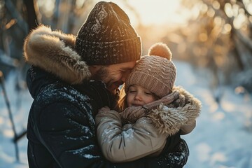 Wall Mural - A heartwarming image of a man holding a little girl in the snow. Perfect for family, winter, and holiday-themed projects