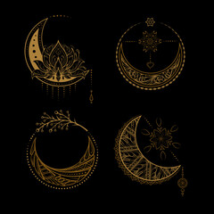 Wall Mural - Boho style moon illustrations set on a dark background.