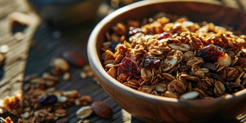 Sticker - A simple and delicious bowl of granola placed on a rustic wooden table. Perfect for breakfast or a healthy snack option.