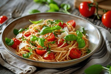 Canvas Print - A delicious bowl of spaghetti with fresh tomatoes and aromatic basil. Perfect for Italian cuisine or food-related projects