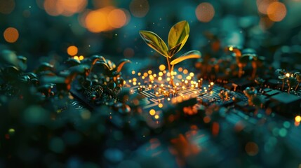 a small plant is seen sprouting out of a circuit board. this image can be used to represent growth, 