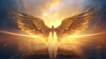 Angel Wings In The Sky With Outlines Of Golden Wings, In The Style Of Highly Imaginative Worlds
