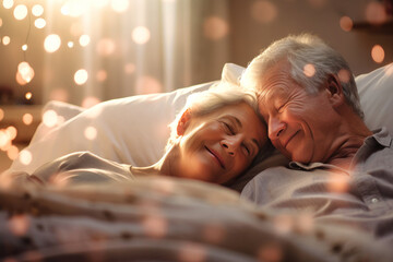 An elderly couple in love, a man and a woman in bed in the morning. Love and romance of two people. Tenderness and relaxation. Happy morning for lovers. Valentine's Day.