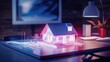 A concept holo 3d render model of a small living house on a table in a real estate agency. signing mortgage contract document and demonstrating. futuristic business. blurry background