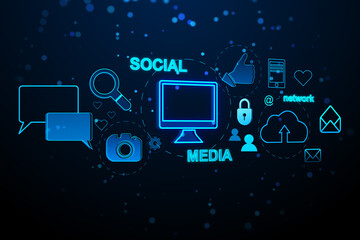 Creative social media interface with emails, speech bubbles, mobile internet, cloud computing and other icons on blurry background. 3D Rendering.