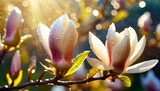 Fototapeta Fototapeta w kwiaty na ścianę - Kwiaty magnolii pokryte kroplami wody. Wiosenne tło