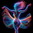 AI generated illustration of a vibrant, neon-lit silhouette of a woman dancing and moving her body