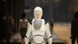 © zayatssv - female robot walking along a street in a big city. humanoid AI robot crossing street. 3d render. future automation job.