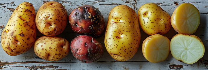 Set of fresh whole and sliced potatoes