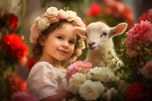 Little Cute Girl With A Sheep Among Blooming Flowers In Spring