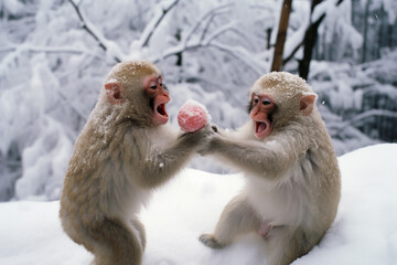 Wall Mural - Playful scenes of macaque monkeys engaging in snowball fights, illustrating their capacity for recreation and social bonding in winter environments.