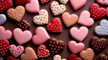 Top Angle View Of Pink, Red And Chocolate Cookies With Heart Shape Pattern. Group Of Heart Shape Cookies. For Greeting, Romantic Wallpaper Concept. Generative AI