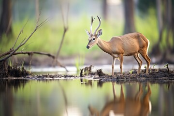 Wall Mural - lone bushbuck foraging near a forest pond