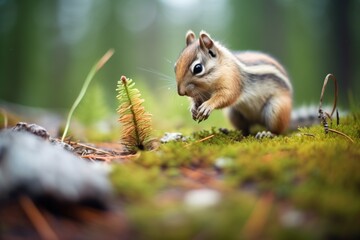 Wall Mural - chipmunk collecting pinecones near its hole