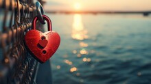 Romantic Love Lock By The Sea: Red Heart Key Lock Symbolizing Valentine's Day Loyalty And Love