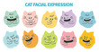 Abstract round cat face with variety of expression.Collection of kitten facial emoticon with hand drawn style.Modern animal emoji.Colorful circle cat face.Colorful kitten face.Cute cat face emoji
