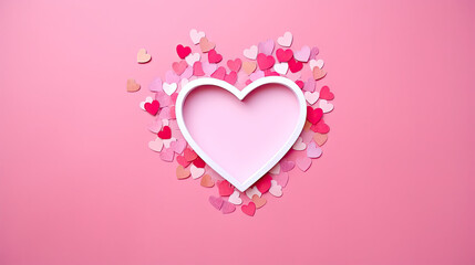 Wall Mural - hearts shaped frame with pink hearts confetti on a pink background, copy space 