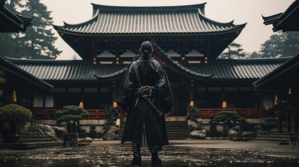 A epic samurai with a weapon sword standing in front of a old japanese temple shrine. rainy day with grey sky and tones. asian culture