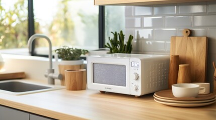 A modern white and black microwave in a house kitchen on the kitchen table