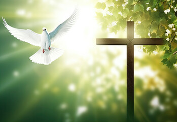 white dove flying over a wooden christian wooden cross 