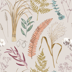 Wall Mural - Hand drawn seamless pattern with boho plants