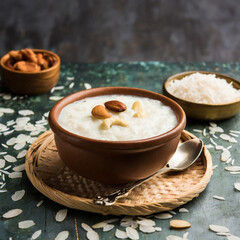 Wall Mural - rice kheer or firni or chawal ki khir is a pudding from indian subcontinent, made by boiling milk ,sugar and rice. served in a bowl