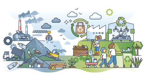 Recycling vs waste management system for garbage sorting outline concept. Paper, plastic and mixed trash pile as polluted urban dump vector illustration. Green and sustainable resource conservation.