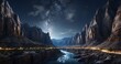 A moonlit canyon with winding rivers and towering cliffs, capturing the grandeur of the natural landscape under the night sky. hyper-realistic, lifelike, ultra-detailed, Wide-angle lens -Generative Ai