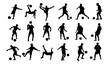 © anom_t - Silhouette collection of male soccer player kicking a ball. Silhouette group of football player in action pose.
