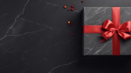 Wall Mural - Stylish opened black gift box with red ribbon and bow on dark granite surface – empty box mockup