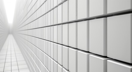 Empty white corridor with gridded abstractions. Hyper-realistic, sharp-focus stock image of a minimalistic, contemporary interior. Symmetry, lines, geometric shapes, and abstract patterns