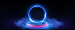Futuristic Glowing Neon Ring Smoke Effects on Dark Background for Technology Concept. Magic futuristic surreal game portal with haze. Empty blue podium floating in the air blue neon ring on background
