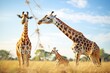mother and calf interacting with another giraffe family