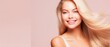 © Ameer - Blonde hair care products banner template with smiling young woman and copy space on pastel flat background