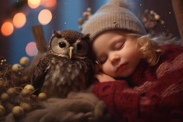 Little cute girl with a wool hat sleeps together with an owl in a cozy nest