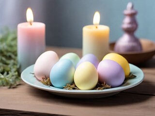 Wall Mural - Easter eggs of light pink, light blue, light yellow, light green and light purple in a beautiful white plate on a wooden table, with burning candles nearby.