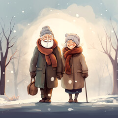 Senior man and woman stand in frosty forest in winter together. Elderly happy couple holds hands during evening walk in snow-covered forest